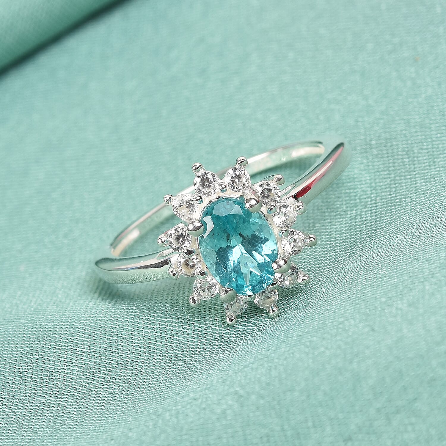 Paraiba Apatite & Natural Cambodian Zircon Halo Ring in Platinum Overlay Sterling Silver 1.19 Ct.