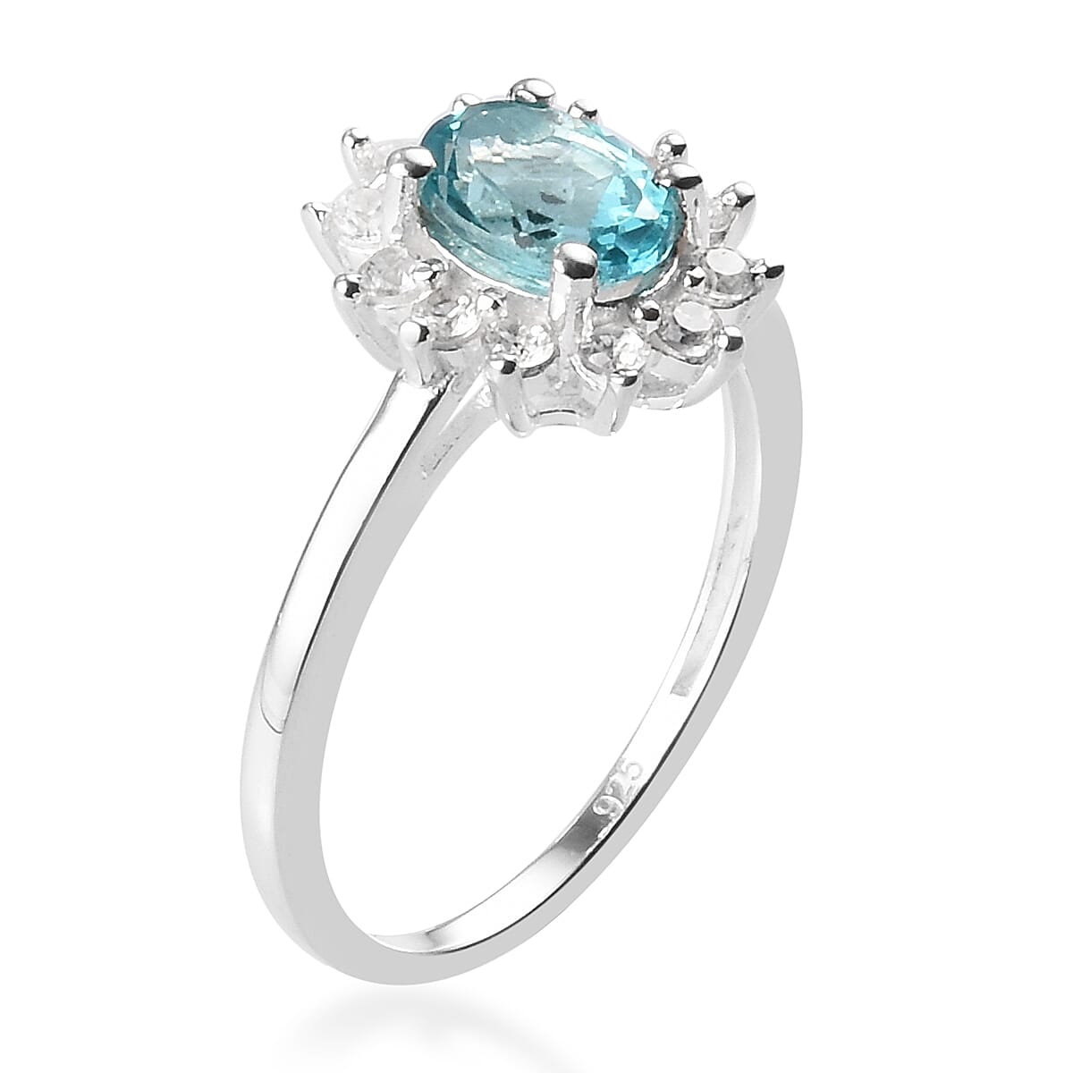 Paraiba Apatite & Natural Cambodian Zircon Halo Ring in Platinum Overlay Sterling Silver 1.19 Ct.