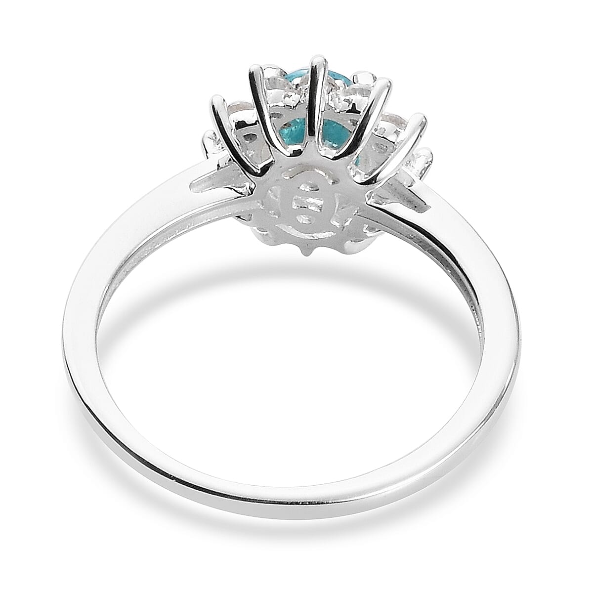 Paraiba Apatite & Natural Cambodian Zircon Halo Ring in Platinum Overlay Sterling Silver 1.19 Ct.