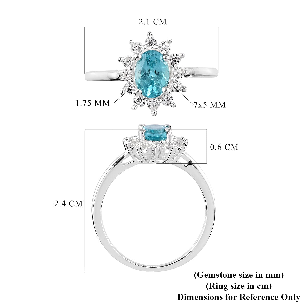 Paraiba Apatite & Natural Cambodian Zircon Halo Ring in Platinum Overlay Sterling Silver 1.19 Ct.