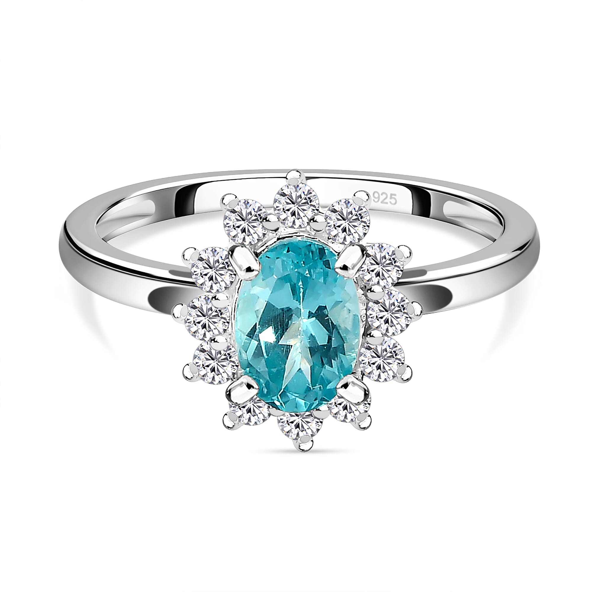 1.21 Ct.Paraiba Apatite and Natural Cambodian Zircon Halo Ring in Sterling Silver