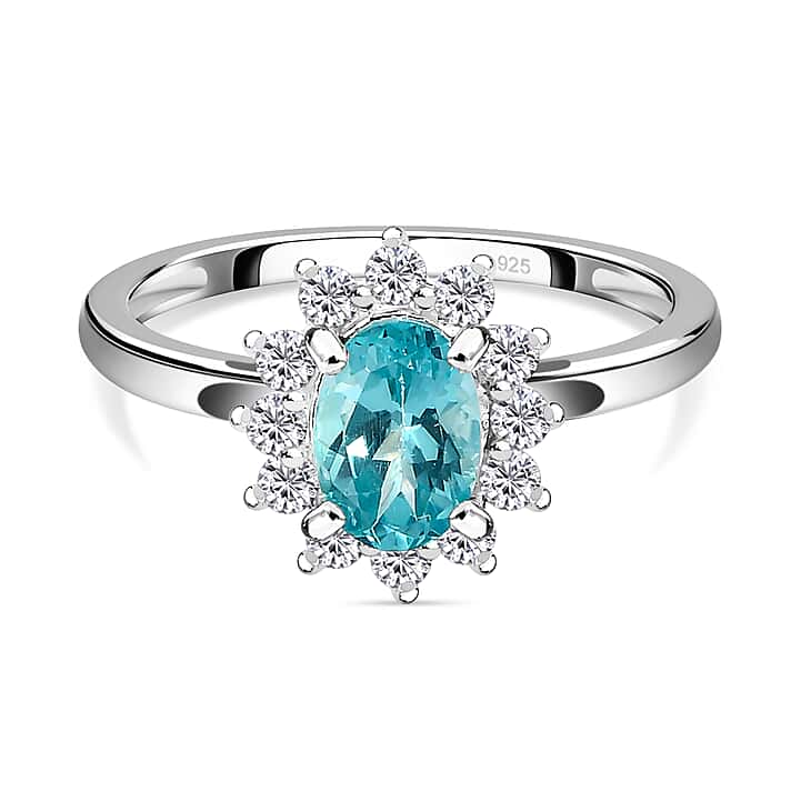 1.21 Ct.Paraiba Apatite and Natural Cambodian Zircon Halo Ring in Sterling Silver