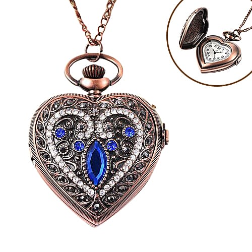 STRADA Japanese Movement Simulated Blue Sapphire, Multicolour Austrian Crystal Water Resistant Heart Pocket Watch with Chain in Rose Gold Tone
