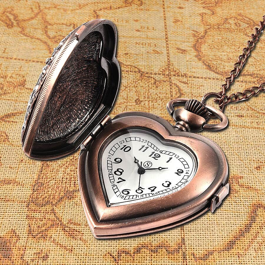 STRADA Japanese Movement Simulated Blue Sapphire, Multicolour Austrian Crystal Water Resistant Heart Pocket Watch with Chain in Rose Gold Tone