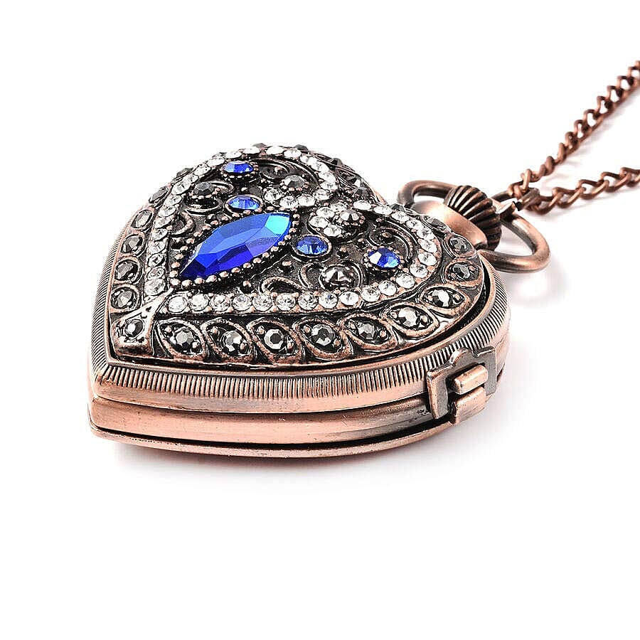 STRADA Japanese Movement Simulated Blue Sapphire, Multicolour Austrian Crystal Water Resistant Heart Pocket Watch with Chain in Rose Gold Tone