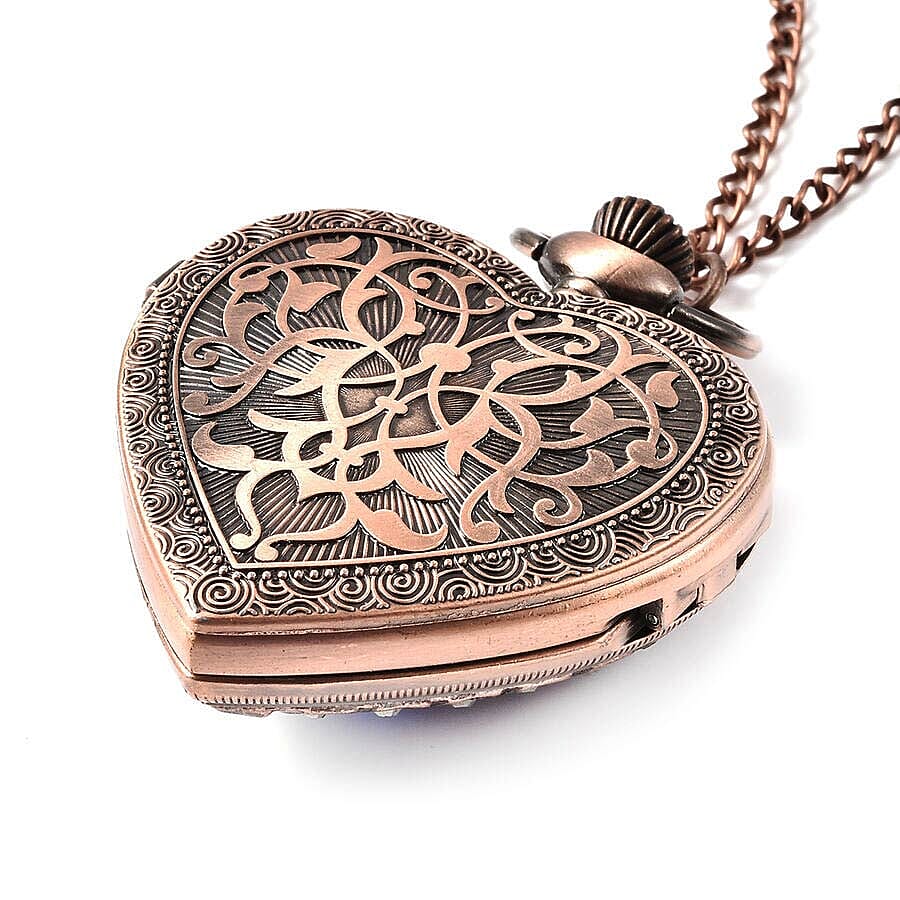 STRADA Japanese Movement Simulated Blue Sapphire, Multicolour Austrian Crystal Water Resistant Heart Pocket Watch with Chain in Rose Gold Tone