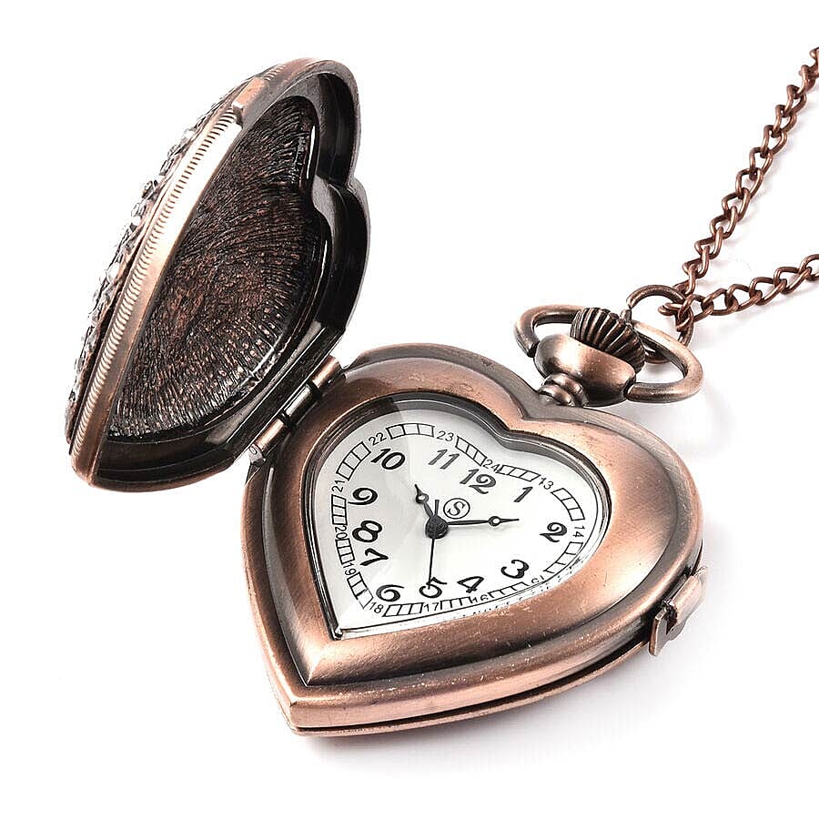 STRADA Japanese Movement Simulated Blue Sapphire, Multicolour Austrian Crystal Water Resistant Heart Pocket Watch with Chain in Rose Gold Tone