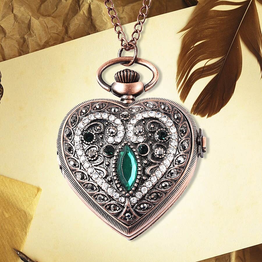 STRADA Japanese Movement Water Resistant Multi Colour Austrian Crystal and Simulated Emerald Heart Pocket Watch with Chain in Rose Gold Plating