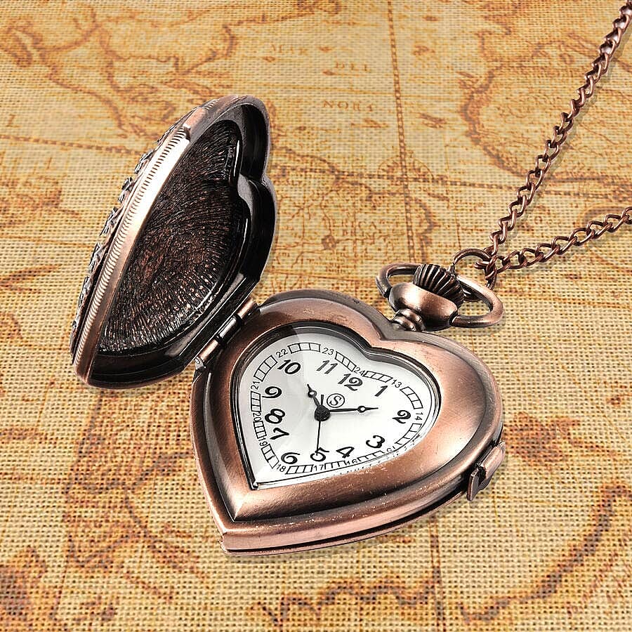 STRADA Japanese Movement Water Resistant Multi Colour Austrian Crystal and Simulated Emerald Heart Pocket Watch with Chain in Rose Gold Plating