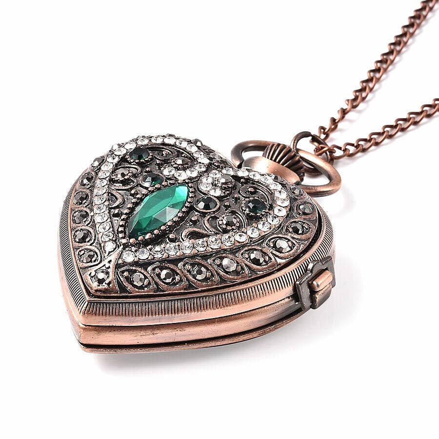 STRADA Japanese Movement Water Resistant Multi Colour Austrian Crystal and Simulated Emerald Heart Pocket Watch with Chain in Rose Gold Plating