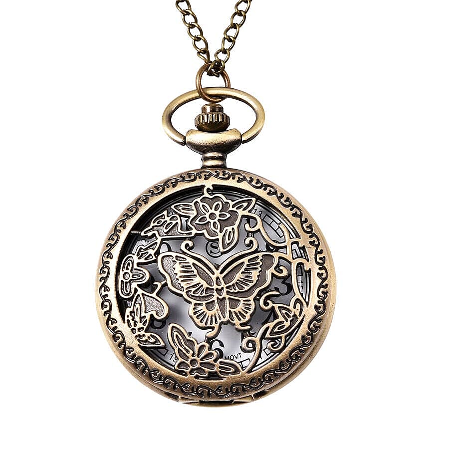 STRADA Japanese Movement Butterfly Pattern Pocket Watch with Chain (Size 31) in Antique Bronze Tone