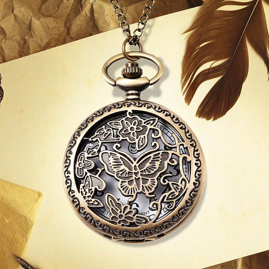 STRADA Japanese Movement Butterfly Pattern Pocket Watch with Chain (Size 31) in Antique Bronze Tone