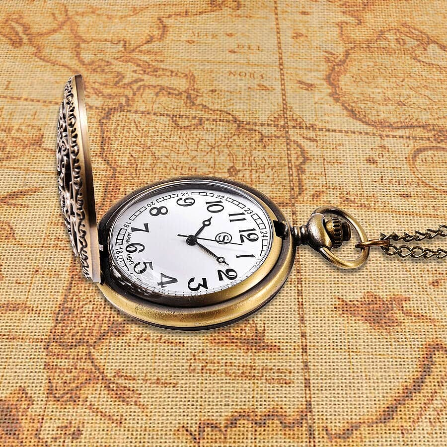 STRADA Japanese Movement Butterfly Pattern Pocket Watch with Chain (Size 31) in Antique Bronze Tone