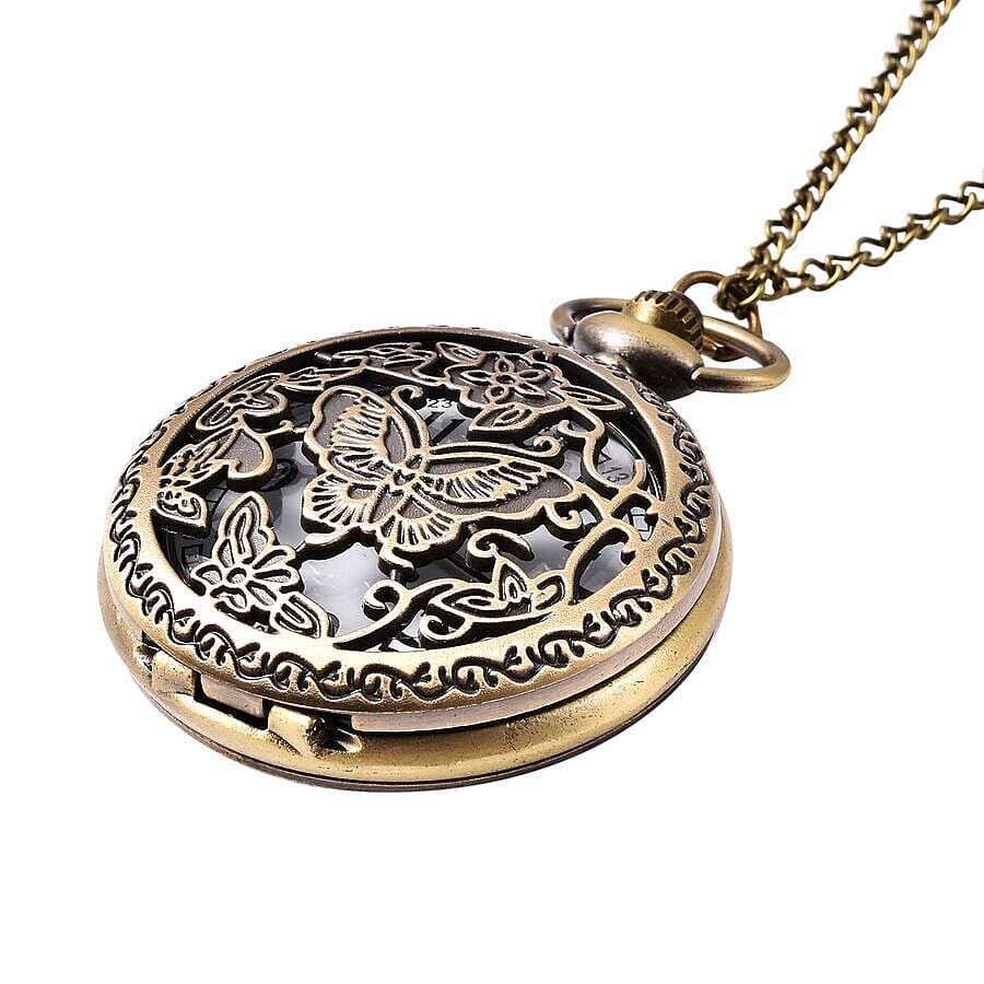 STRADA Japanese Movement Butterfly Pattern Pocket Watch with Chain (Size 31) in Antique Bronze Tone