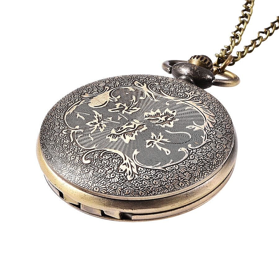 STRADA Japanese Movement Butterfly Pattern Pocket Watch with Chain (Size 31) in Antique Bronze Tone