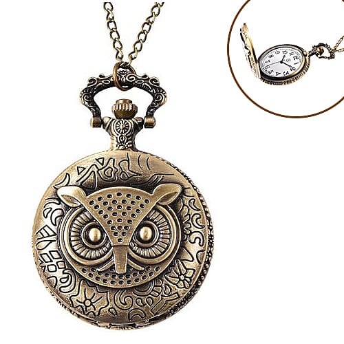 STRADA Japanese Movement Owl Pattern Pocket Watch with Chain (Size 31) in Antique Bronze Tone