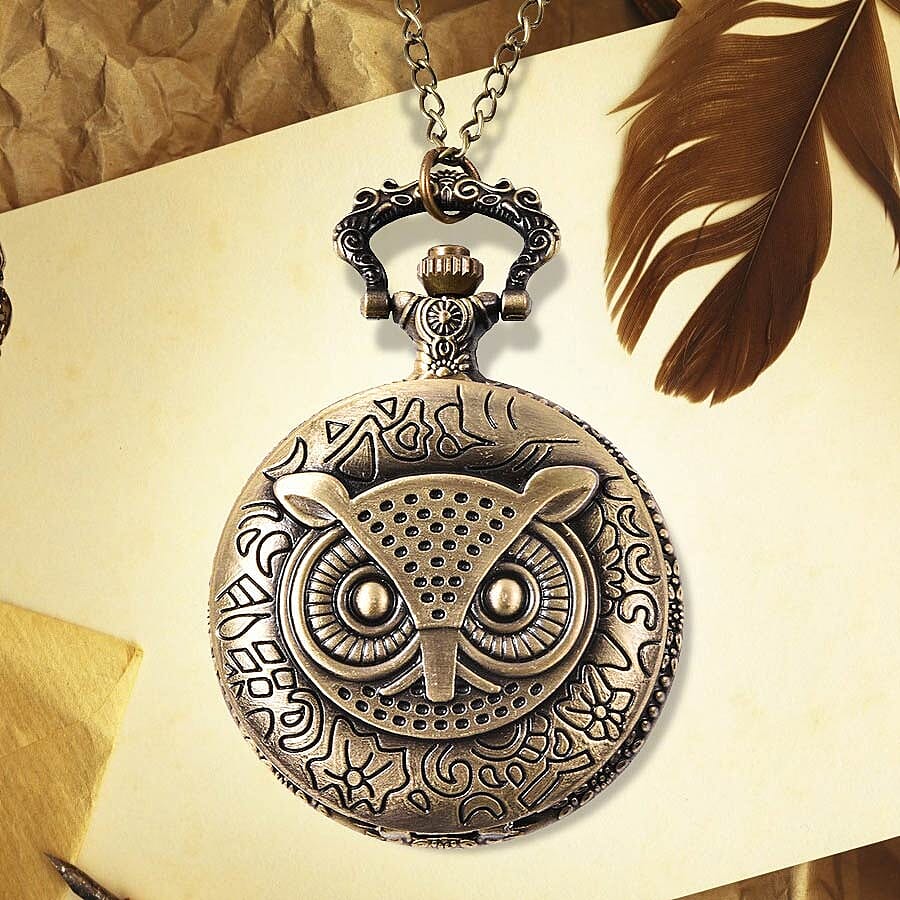STRADA Japanese Movement Owl Pattern Pocket Watch with Chain (Size 31) in Antique Bronze Tone