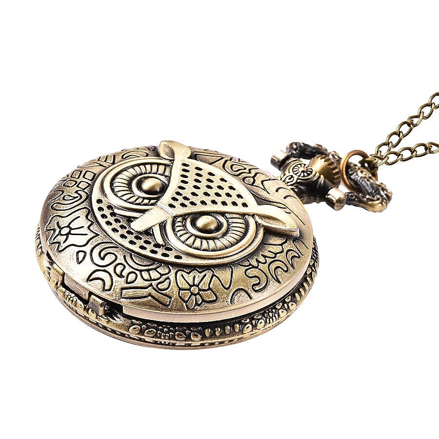 STRADA Japanese Movement Owl Pattern Pocket Watch with Chain (Size 31) in Antique Bronze Tone