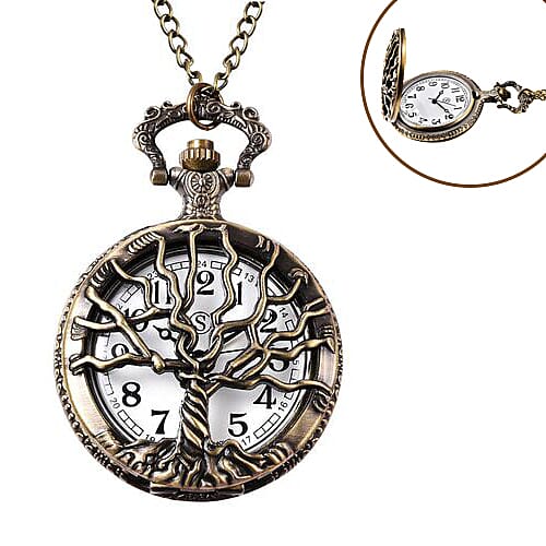 STRADA Japanese Movement Tree Pattern Pocket Watch with Chain (Size 31) in Antique Bronze Tone