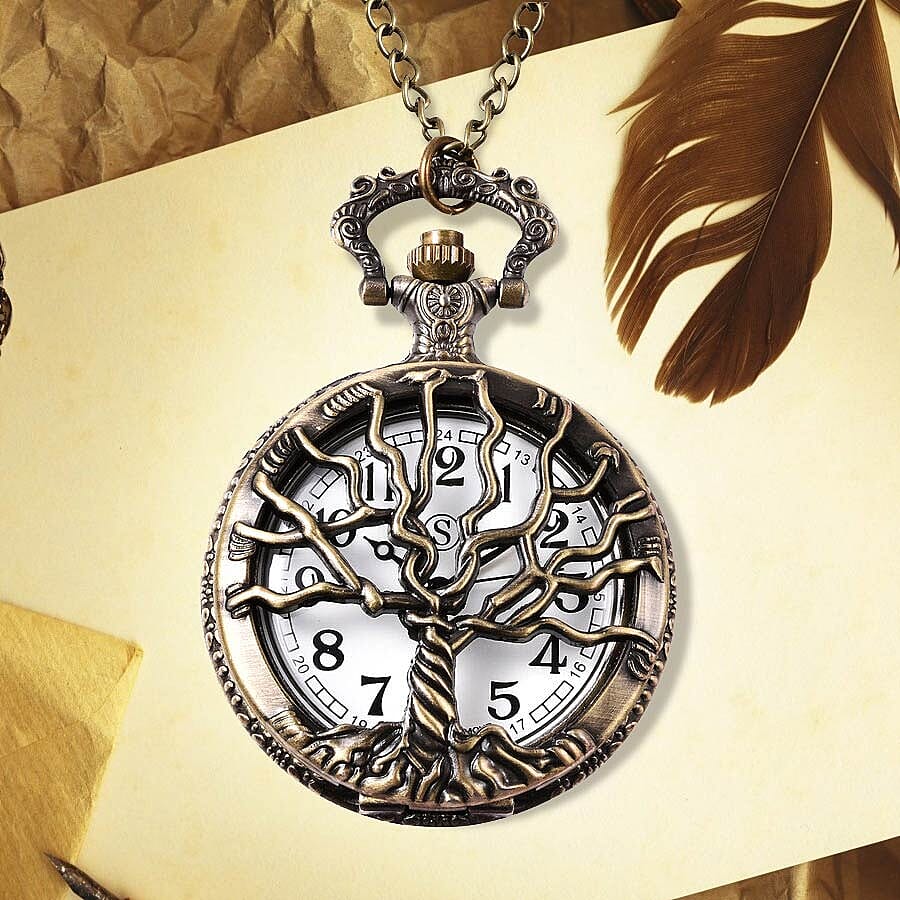 STRADA Japanese Movement Tree Pattern Pocket Watch with Chain (Size 31) in Antique Bronze Tone