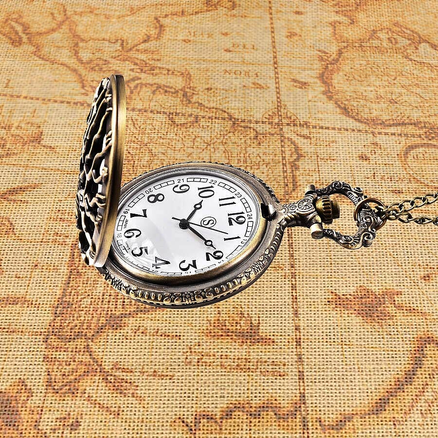 STRADA Japanese Movement Tree Pattern Pocket Watch with Chain (Size 31) in Antique Bronze Tone