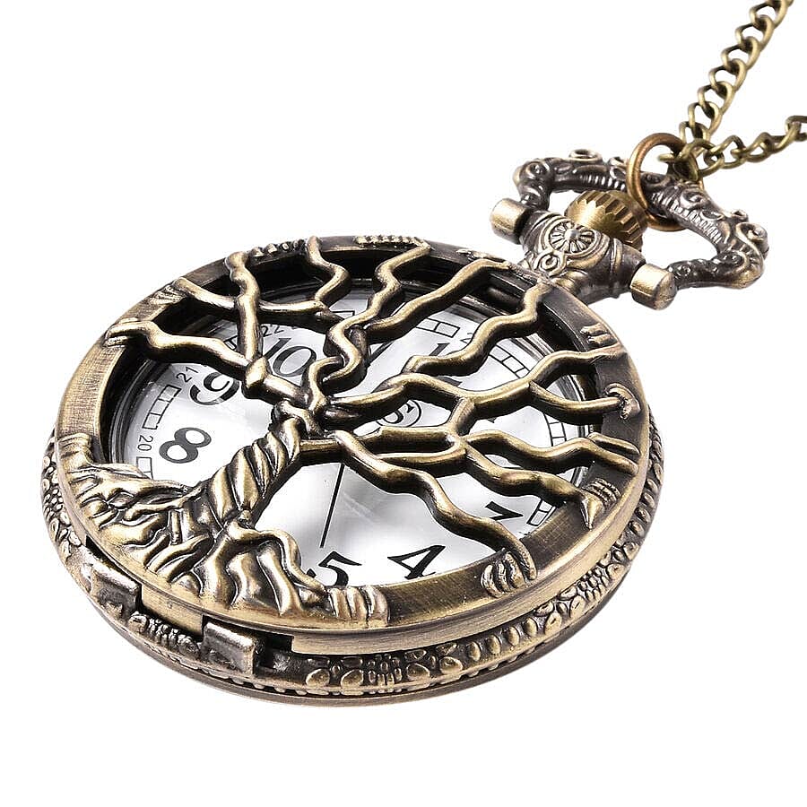STRADA Japanese Movement Tree Pattern Pocket Watch with Chain (Size 31) in Antique Bronze Tone