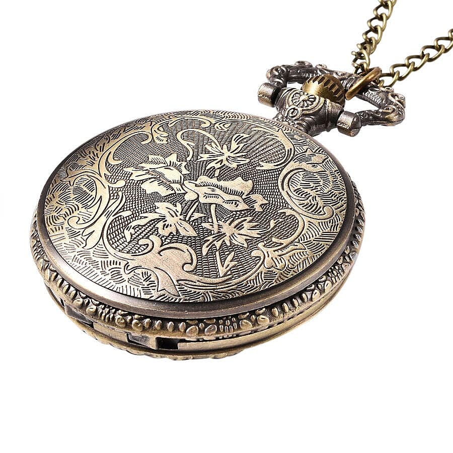 STRADA Japanese Movement Tree Pattern Pocket Watch with Chain (Size 31) in Antique Bronze Tone