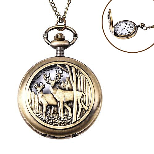 STRADA Japanese Movement Deer Couple Pattern Pocket Watch with Chain (Size 31) in Antique Bronze Tone