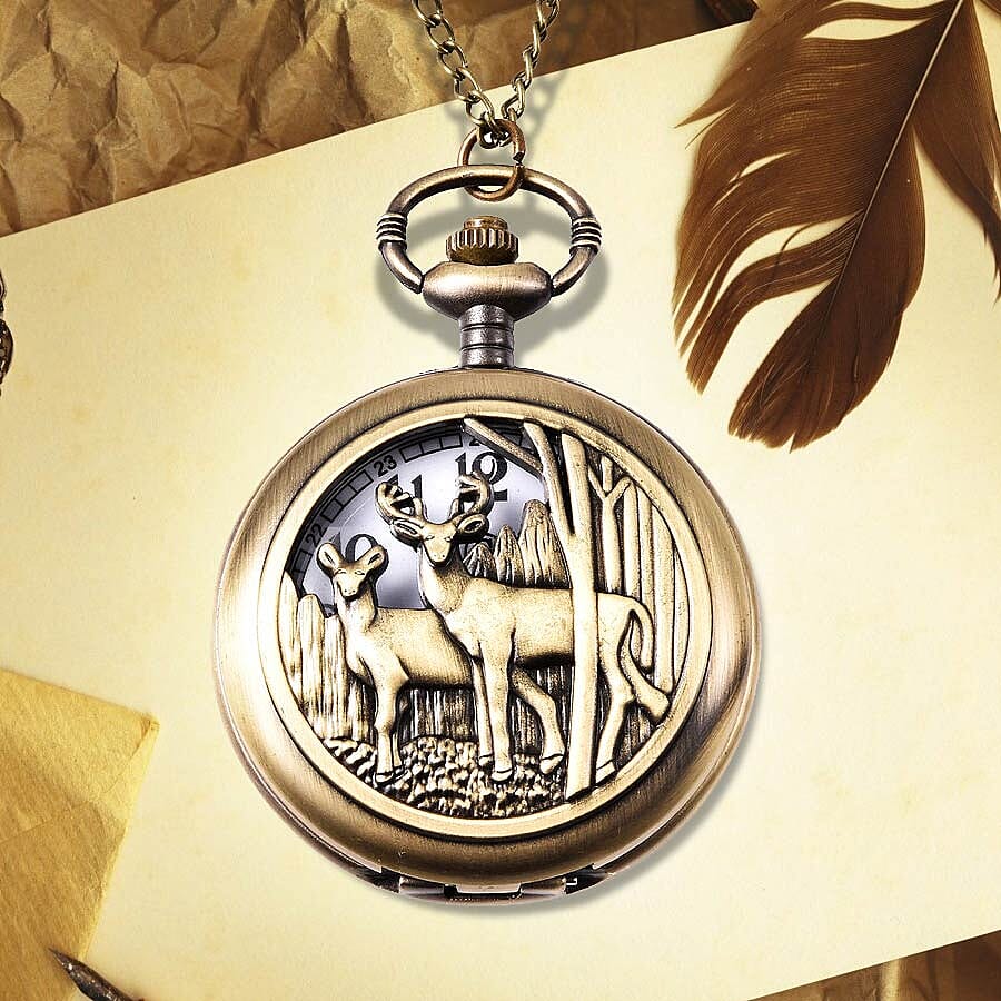 STRADA Japanese Movement Deer Couple Pattern Pocket Watch with Chain (Size 31) in Antique Bronze Tone