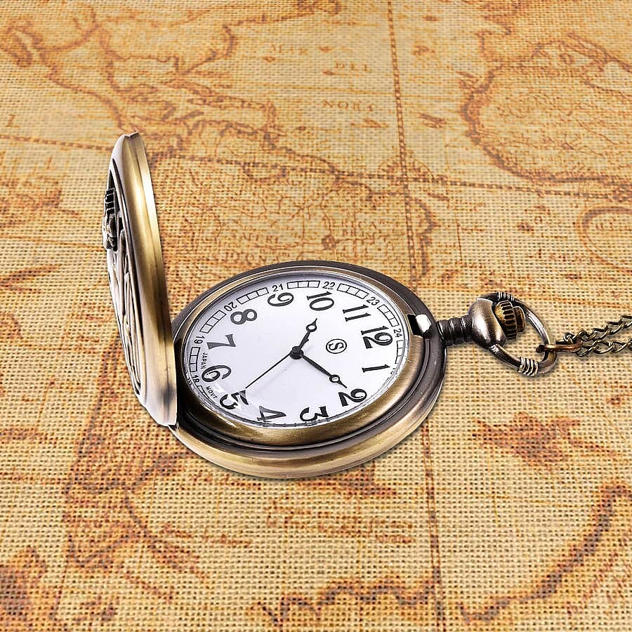 STRADA Japanese Movement Deer Couple Pattern Pocket Watch with Chain (Size 31) in Antique Bronze Tone