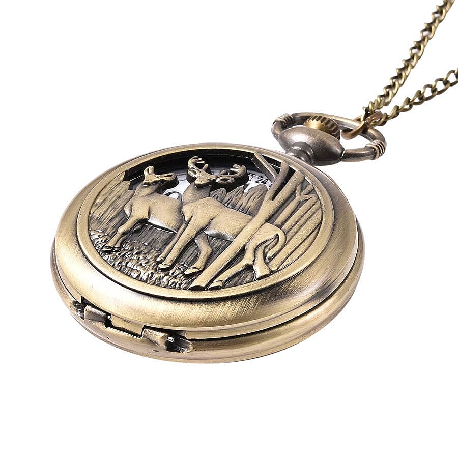 STRADA Japanese Movement Deer Couple Pattern Pocket Watch with Chain (Size 31) in Antique Bronze Tone