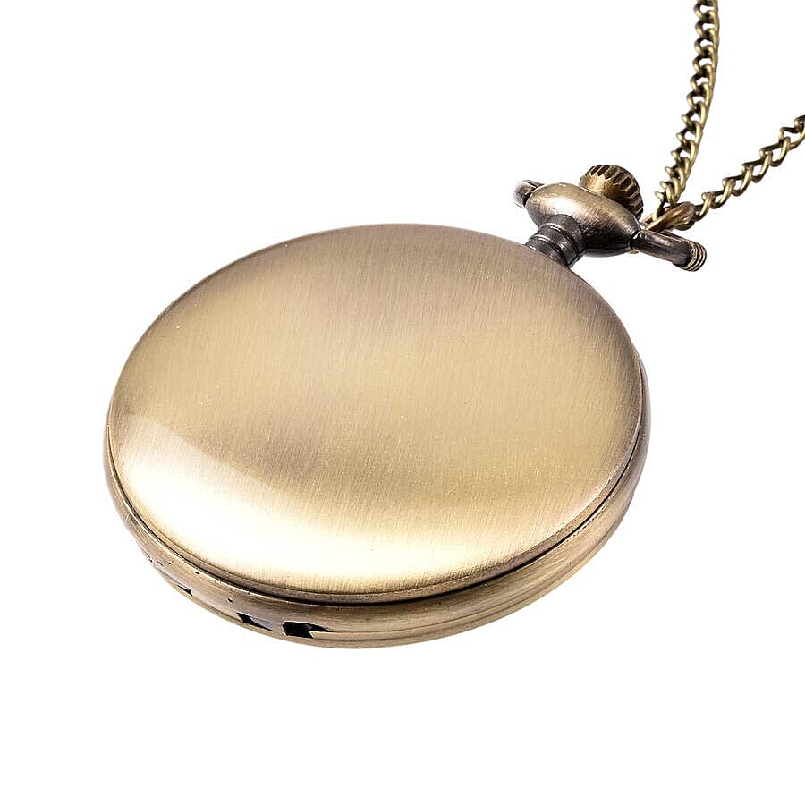 STRADA Japanese Movement Deer Couple Pattern Pocket Watch with Chain (Size 31) in Antique Bronze Tone