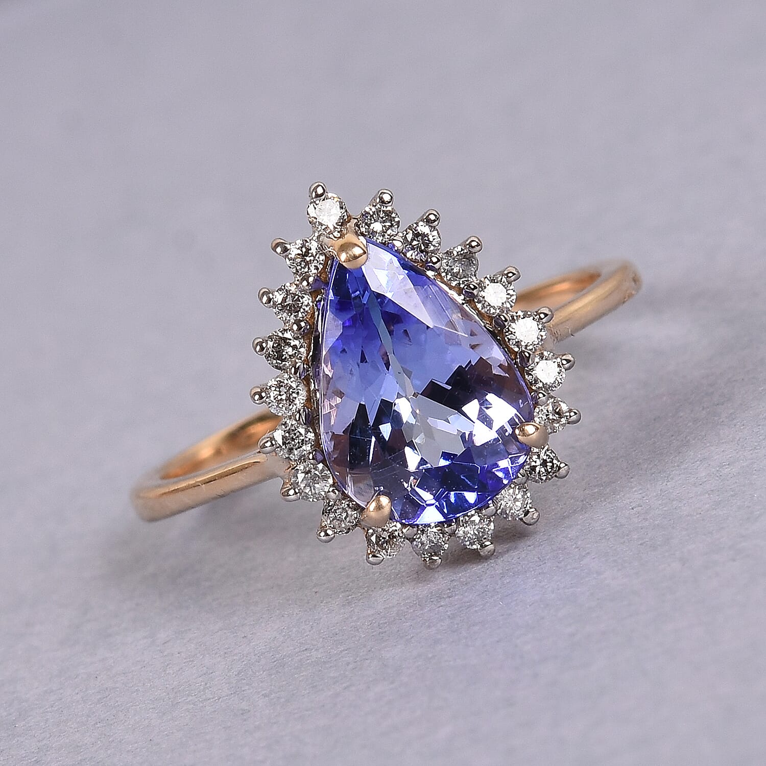 9K Yellow Gold AAA Pear Cut Tanzanite and Diamond Ring 2.00 Ct.