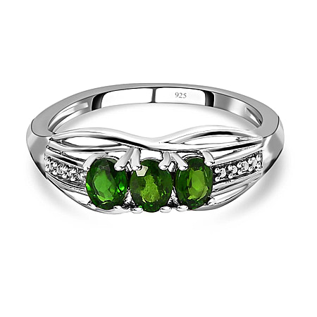 One Time Deal- Chrome Diopside 3 Stone Ring in Platinum Overlay Sterling Silver