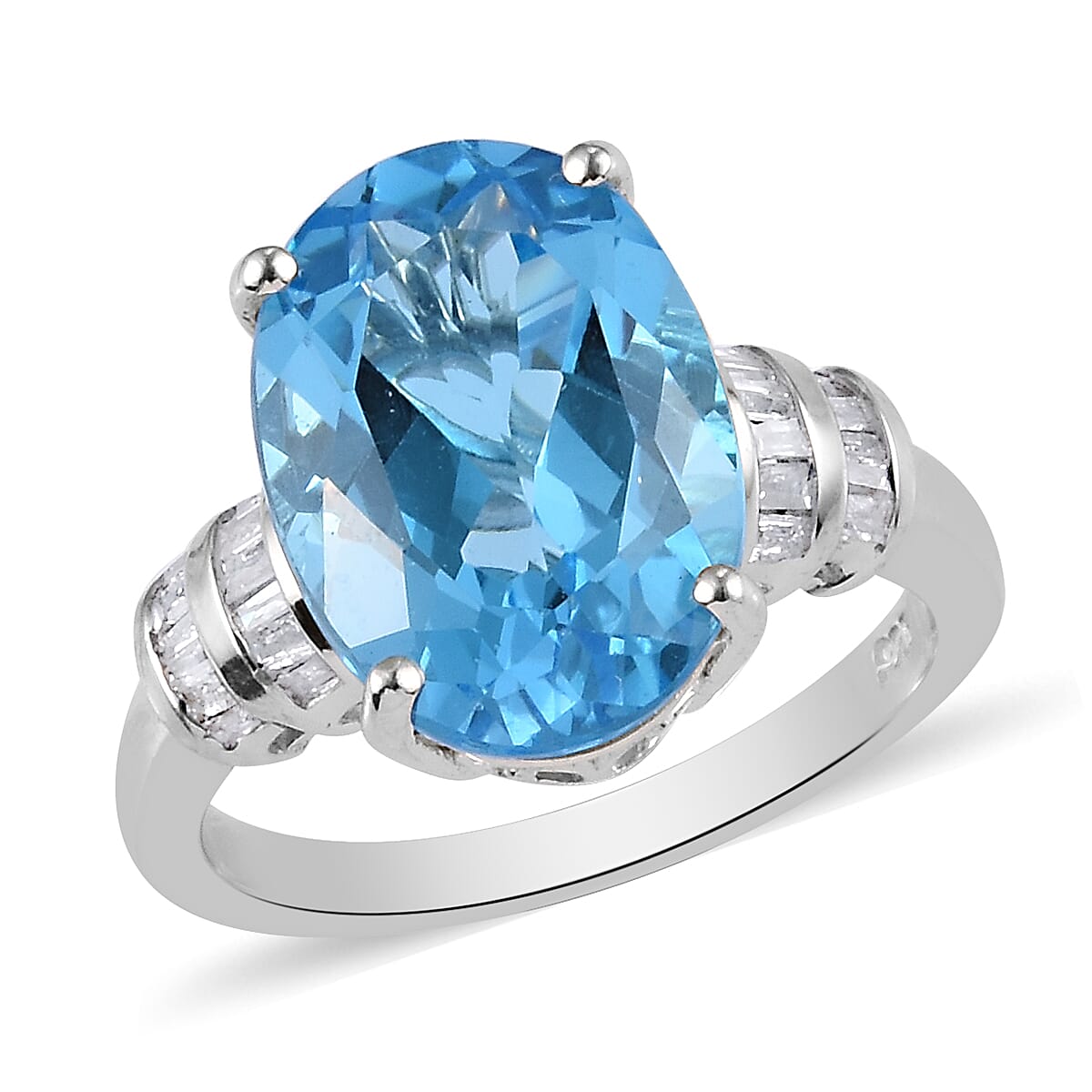 Swiss Blue Topaz and Diamond in Platinum Overlay Sterling Silver Ring 7.35 Ct