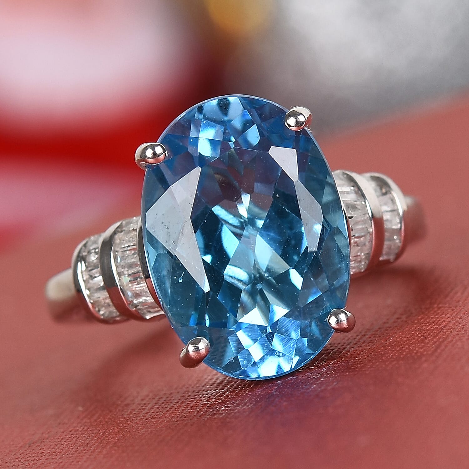 Swiss Blue Topaz and Diamond in Platinum Overlay Sterling Silver Ring 7.35 Ct