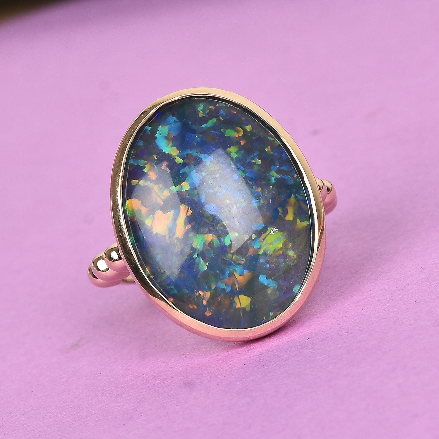 Extremely Rare Size 9K Yellow Gold Australian Boulder Opal (Oval 20x15mm) Ring, Gold wt. 4.00 Gms