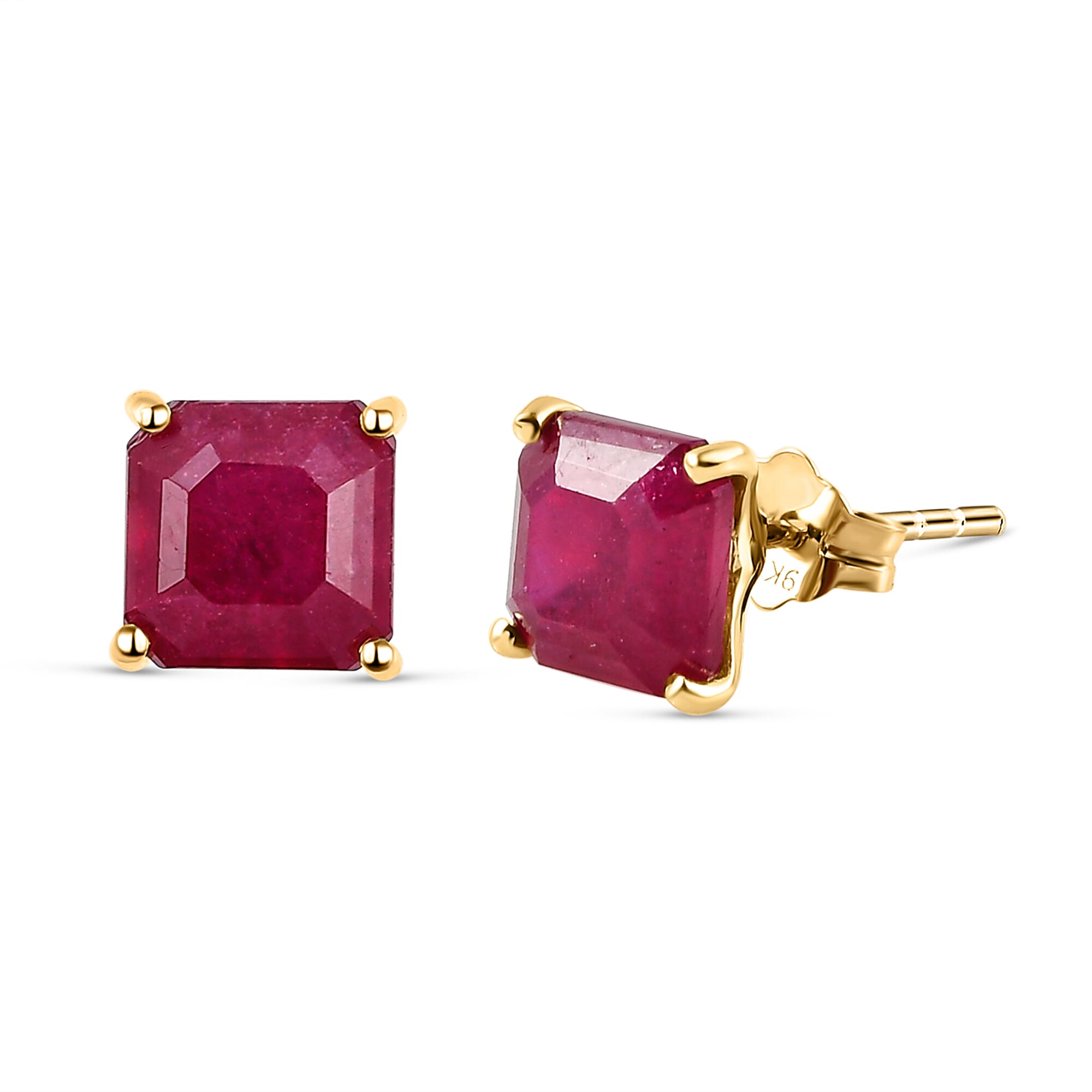 9K Yellow Gold AA African Ruby (FF) (Asscher Cut 6x6mm) Stud Earrings (with Push Back) 3.00 Ct.