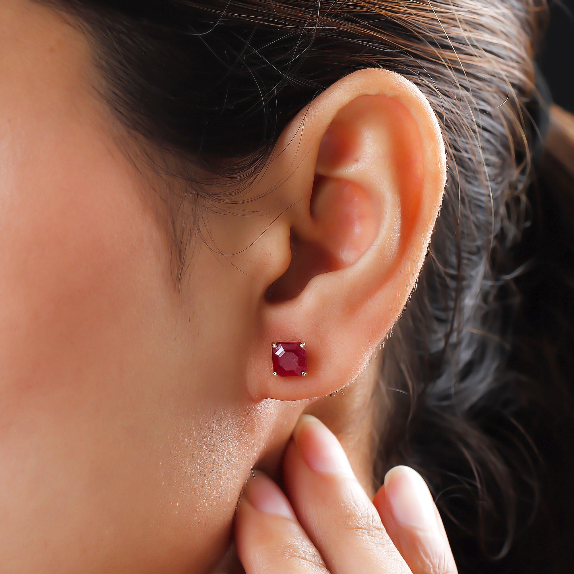 9K Yellow Gold AA African Ruby (FF) (Asscher Cut 6x6mm) Stud Earrings (with Push Back) 3.00 Ct.