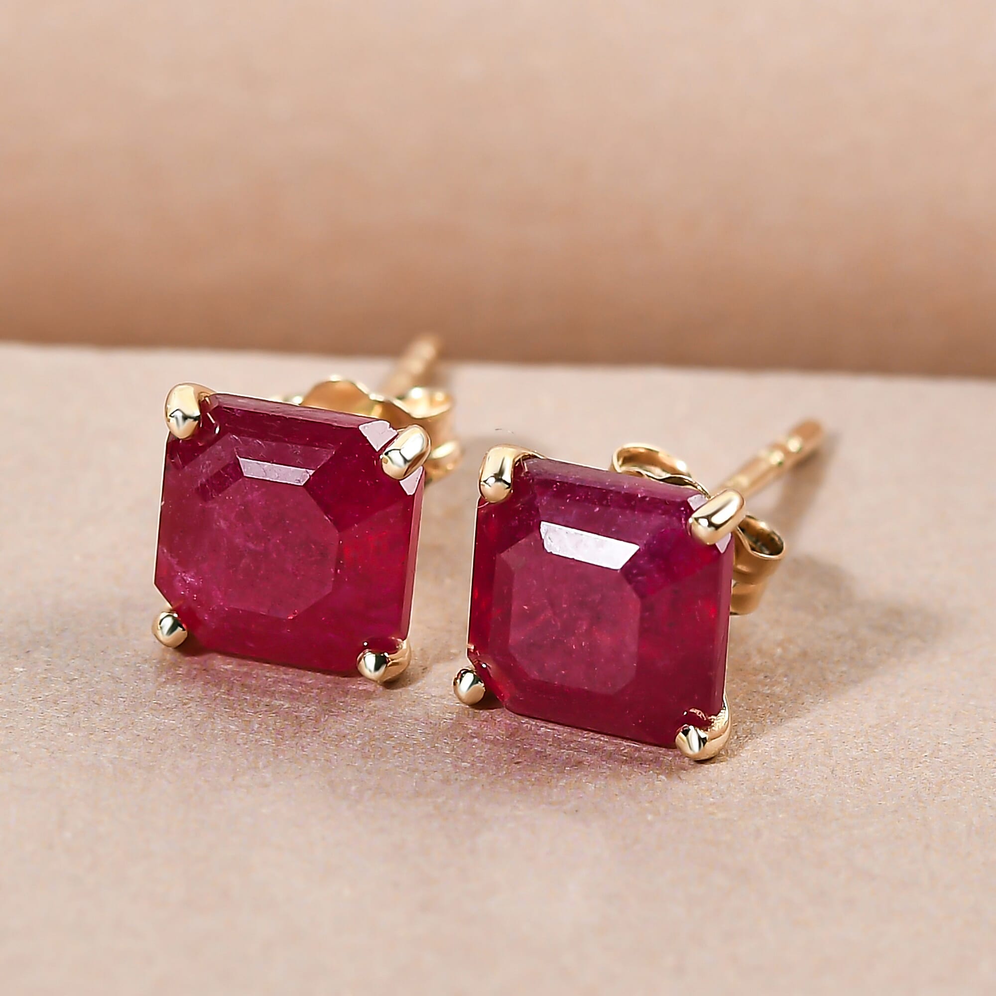 9K Yellow Gold AA African Ruby (FF) (Asscher Cut 6x6mm) Stud Earrings (with Push Back) 3.00 Ct.