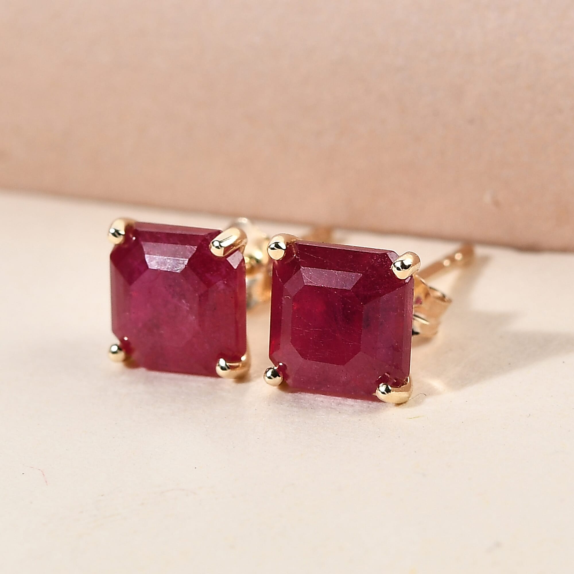 9K Yellow Gold AA African Ruby (FF) (Asscher Cut 6x6mm) Stud Earrings (with Push Back) 3.00 Ct.