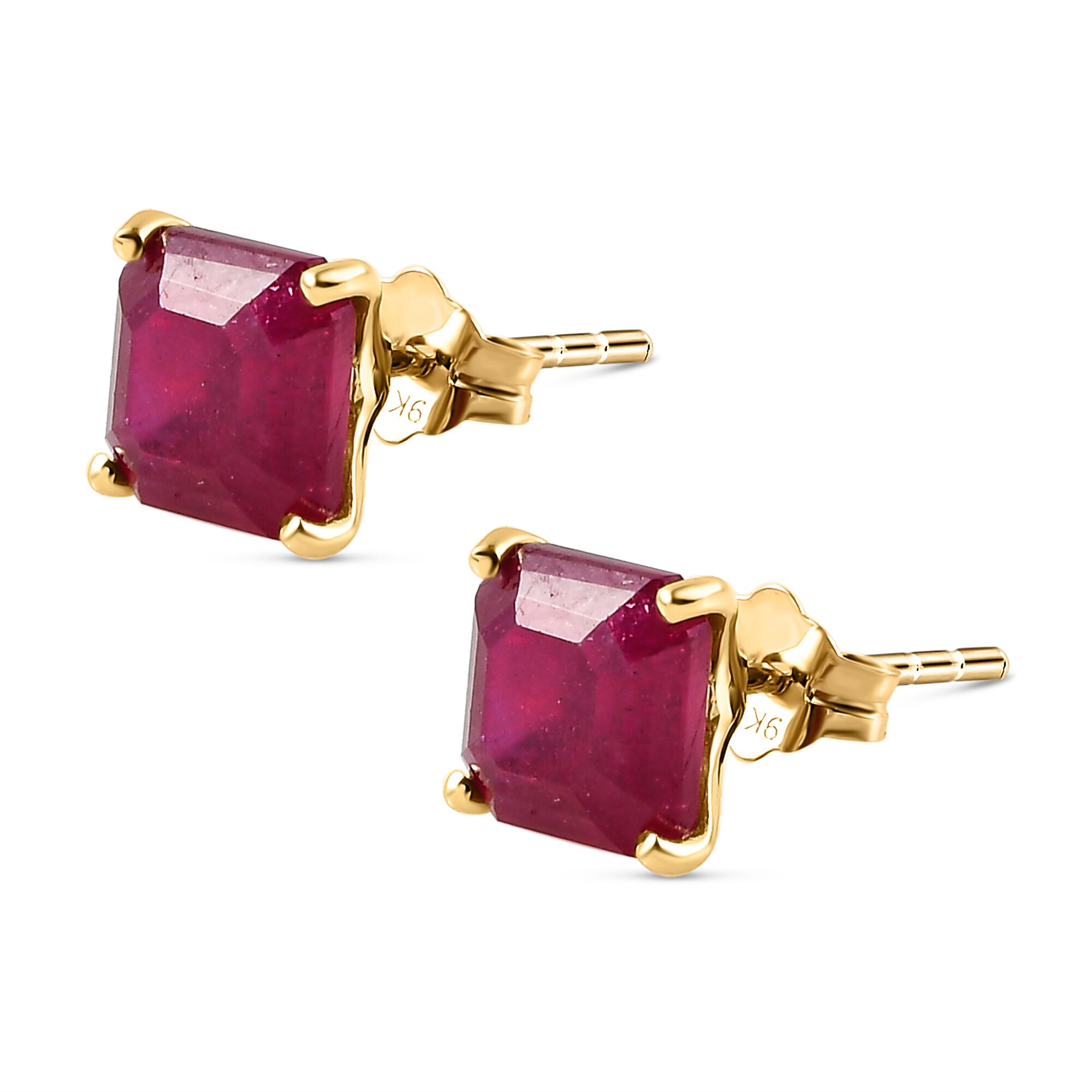 9K Yellow Gold AA African Ruby (FF) (Asscher Cut 6x6mm) Stud Earrings (with Push Back) 3.00 Ct.