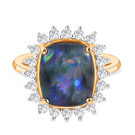 One Time Deal - Australian Boulder Opal and Natural Zircon Halo Ring in 18K Vermeil Yellow Gold Plated Sterling Silver 4.60 Ct.