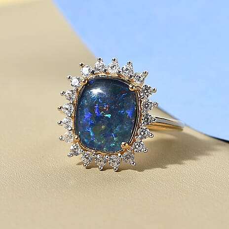 One Time Deal - Australian Boulder Opal and Natural Zircon Halo Ring in 18K Vermeil Yellow Gold Plated Sterling Silver 4.60 Ct.