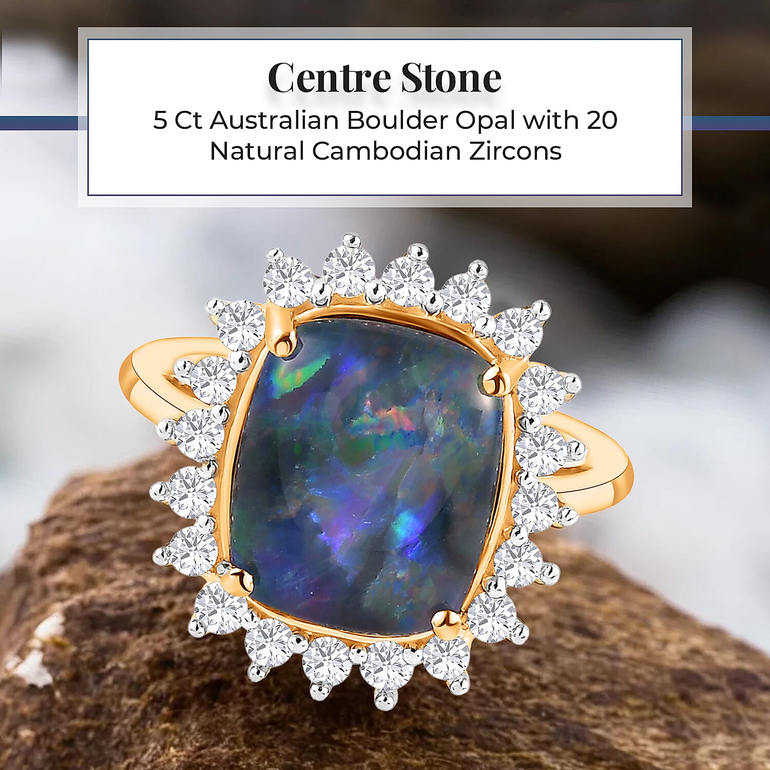 One Time Deal - Australian Boulder Opal and Natural Zircon Halo Ring in 18K Vermeil Yellow Gold Plated Sterling Silver 4.60 Ct. One Time Deal - Australian Boulder Opal and Natural Zircon Halo Ring in 18K Vermeil Yellow Gold Plated Sterling Silver 4.60 Ct.