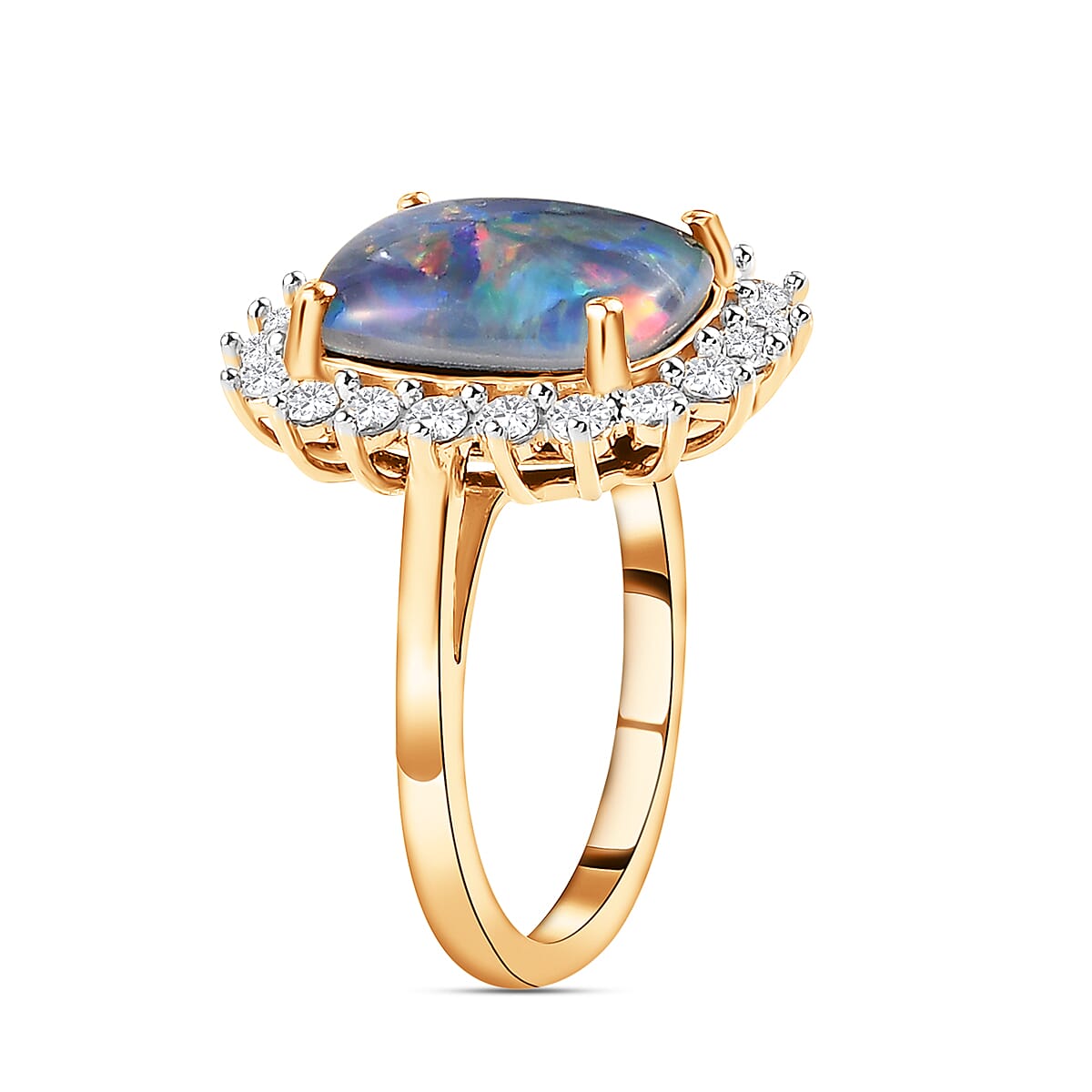 One Time Deal - Australian Boulder Opal and Natural Zircon Halo Ring in 18K Vermeil Yellow Gold Plated Sterling Silver 4.60 Ct. One Time Deal - Australian Boulder Opal and Natural Zircon Halo Ring in 18K Vermeil Yellow Gold Plated Sterling Silver 4.60 Ct.