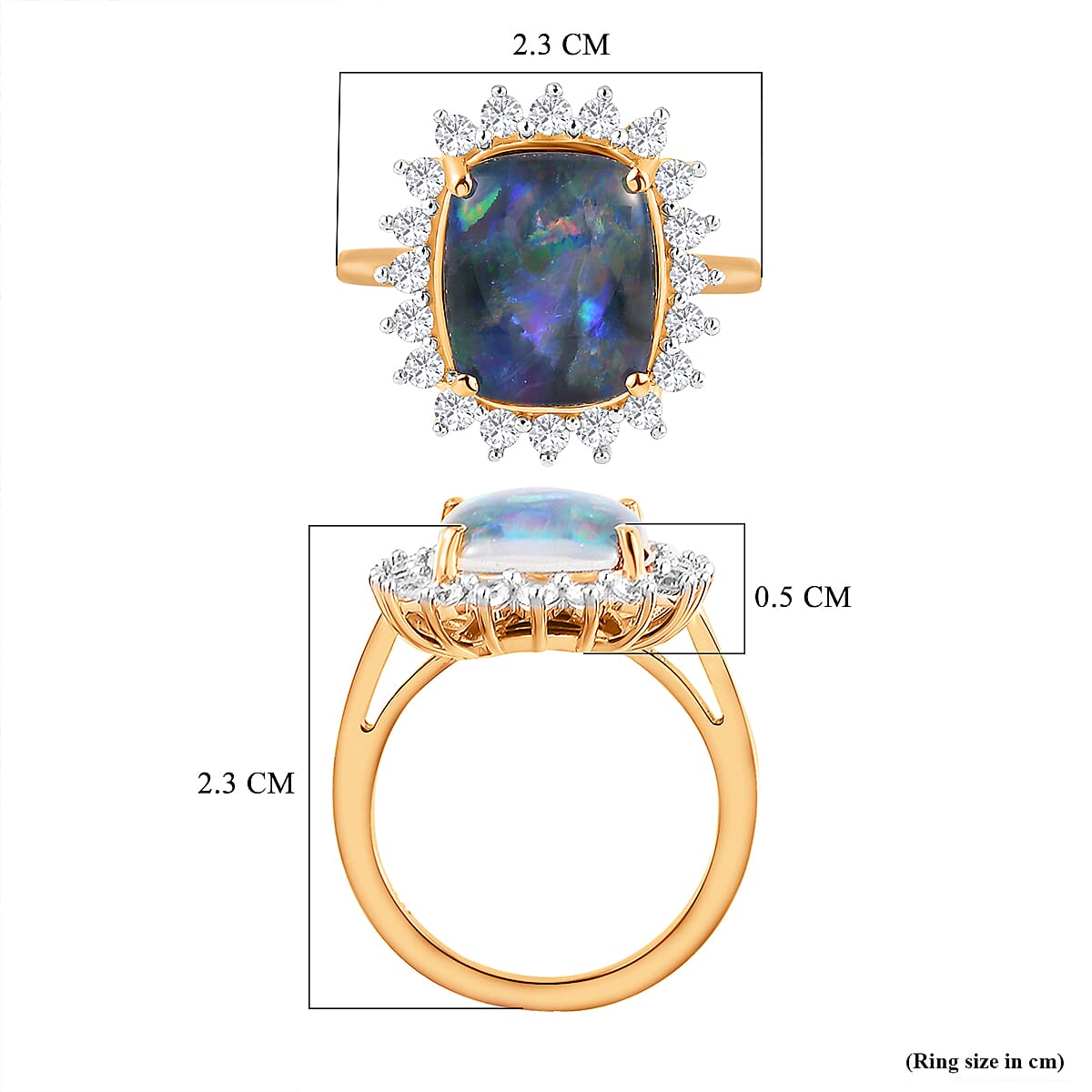 One Time Deal - Australian Boulder Opal and Natural Zircon Halo Ring in 18K Vermeil Yellow Gold Plated Sterling Silver 4.60 Ct. One Time Deal - Australian Boulder Opal and Natural Zircon Halo Ring in 18K Vermeil Yellow Gold Plated Sterling Silver 4.60 Ct.