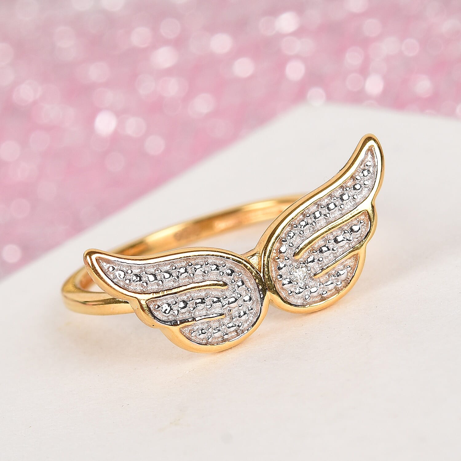 Diamond Angel Wing Ring in 14K Gold Over Sterling Silver