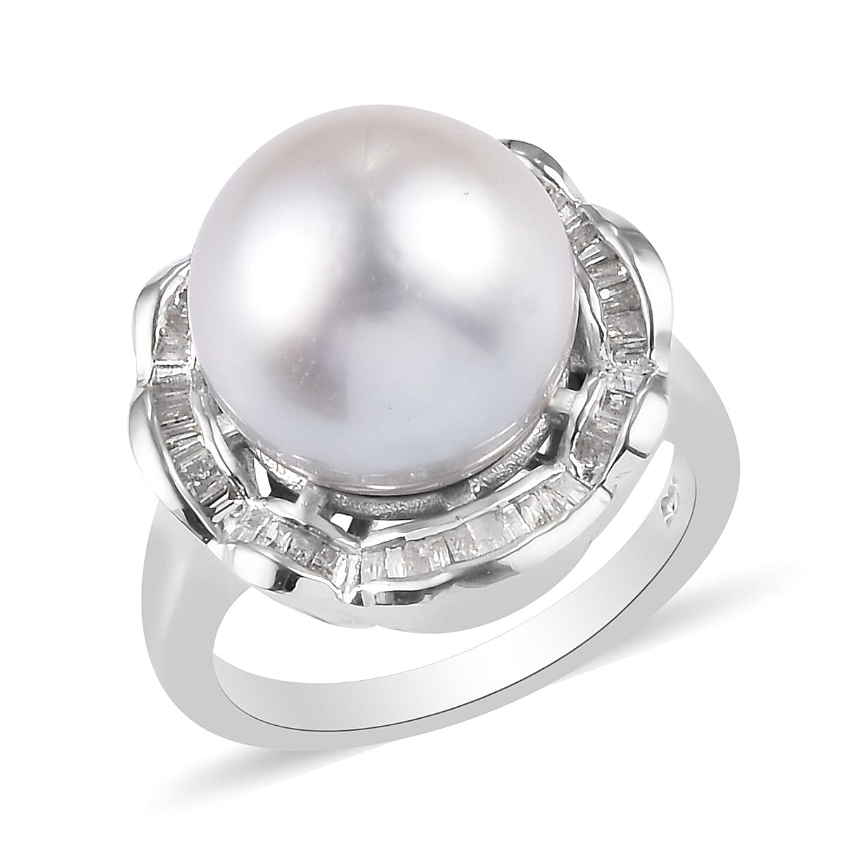 South Sea Pearl and Diamond Ring in Platinum Overlay Sterling Silver Ring