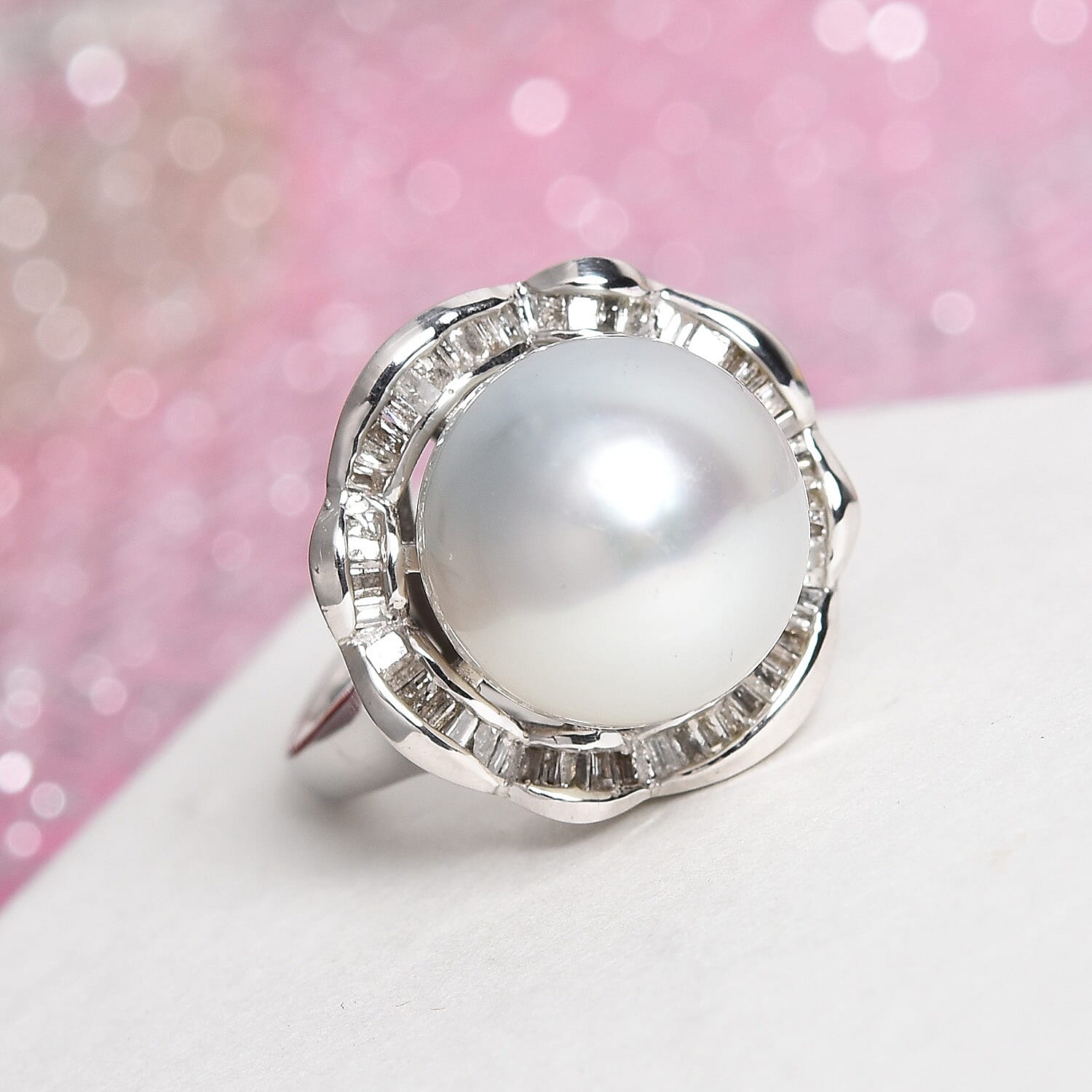 South Sea Pearl and Diamond Ring in Platinum Overlay Sterling Silver Ring